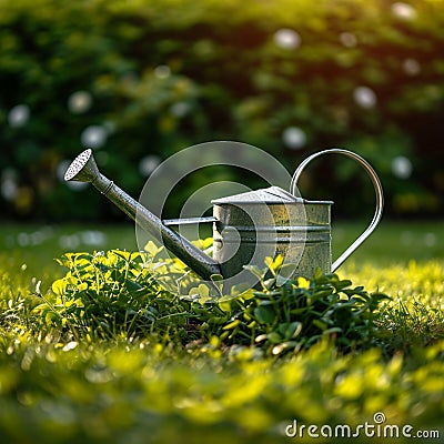 Lush greenery a watering can tends to the vibrant garden lawn Stock Photo