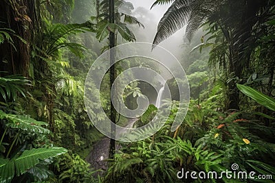 lush jungle landscape with waterfall and misty rain clouds Stock Photo