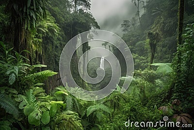 lush jungle landscape with waterfall and misty rain clouds Stock Photo