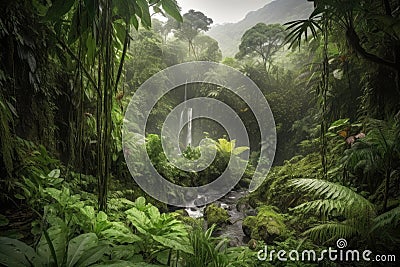 lush jungle landscape with waterfall and misty rain clouds Stock Photo