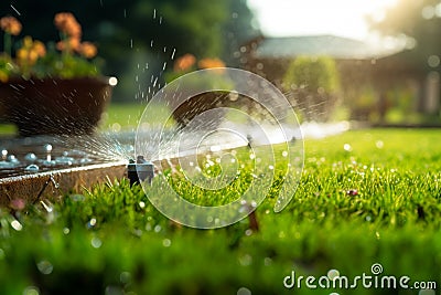 Lush lawn receives care from water saving sprinkler system with adjustability Stock Photo
