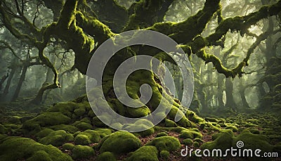 A lush, moss-covered forest with ancient trees and a sense of Stock Photo