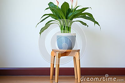 lush peace lily in a ceramic pot on a stool Stock Photo