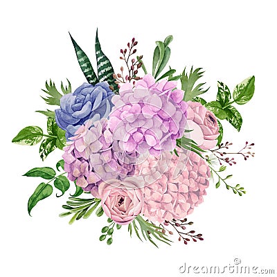 Lush pink hydrangea bouquet, top view, hand drawn Vector Illustration
