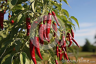 Lush and red chili pepper harvest thriving on a modern and technologically advanced plantation Stock Photo