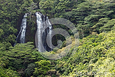 Lush tropical jungle landscape with tall waterfall on the island Stock Photo