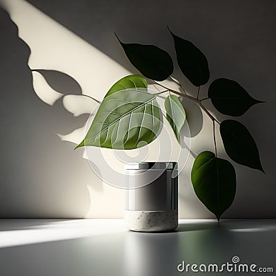 Lush Tropical Tree with Small Green Lance-Shaped Leaves Basks in Sunlight from Window, Casting Shadows on Blank Polished Concrete Stock Photo