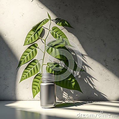 Lush Tropical Tree with Small Green Lance-Shaped Leaves Basks in Sunlight from Window, Casting Shadows on Blank Polished Concrete Stock Photo