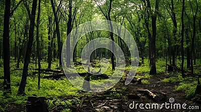 Lush woodland contrasts with scorched terrain Stock Photo