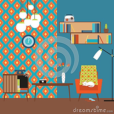 Lustration of a flat design. Room in the style of 70s. Vector Illustration