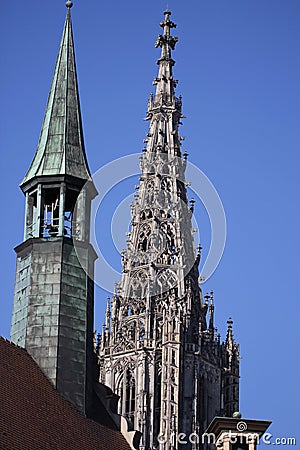 Lutheran minster Baden-Wurttemberg cathedral in Ulm old town, Germany, detail ancient architectural art outside of cathoric church Stock Photo