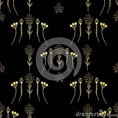 Luxe Black Gold Foil Floral Seamless Vector Pattern, Drawn Daisy Vector Illustration