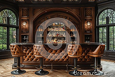 Luxe home bar with dark wood paneling and leather bar stools Stock Photo