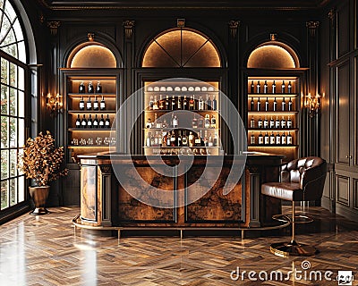 Luxe home bar with dark wood paneling and leather bar stools3D render Stock Photo