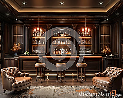 Luxe home bar with dark wood paneling and leather bar stools3D render Stock Photo