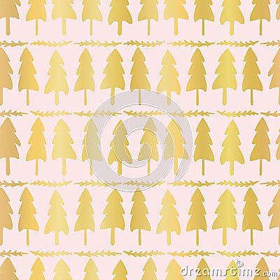 Luxe Rose Gold Christmas Tree Pattern, Seamless Vector Background, Drawn Vector Illustration