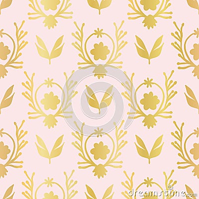 Luxe Rose Gold Foil Floral Lattice Seamless Vector Pattern, Drawn Damask Vector Illustration