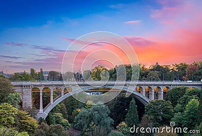 Luxembourg,Adolphe bridge,tower of Luxemburgish Spuerkeess,Luxembourg City Stock Photo