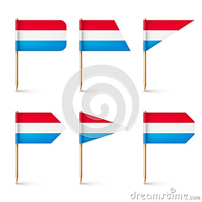 Luxembourgish toothpick flags. Souvenir from Luxembourg. Wooden toothpicks with paper flag. Location mark, map pointer Vector Illustration