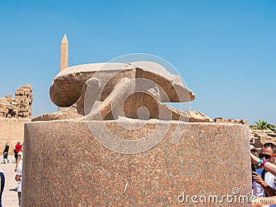 Luxor, Egypt - October 3, 2021: Statue of the sacred scarab beetle at Karnak Temple. Side view Editorial Stock Photo