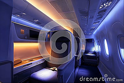 Luxurious Airplane Cabin with Ambient Lighting Stock Photo