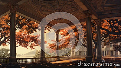 Luxurious Ambiance: Opulent Pavilion with American Villa Silhouette Stock Photo