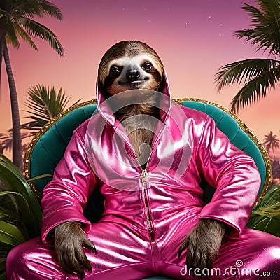 Luxurious anthropomorphic sloth, fashionable and adorned in glimmering jumpsuit Cartoon Illustration