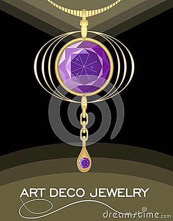 Luxurious art deco pendant with puprle gems amethyst on gold chain, fashion in victorian style, antique jewel Vector Illustration