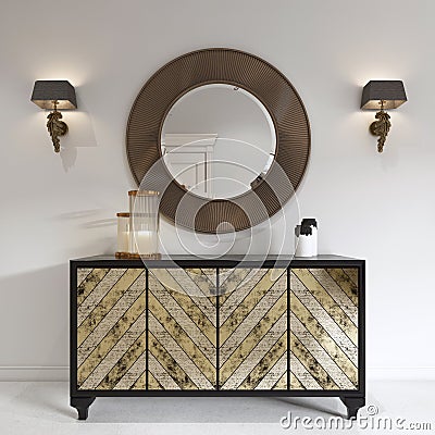 Luxurious art deco style dresser with gilded facade and patina. Round mirror over the chest and sconce Stock Photo