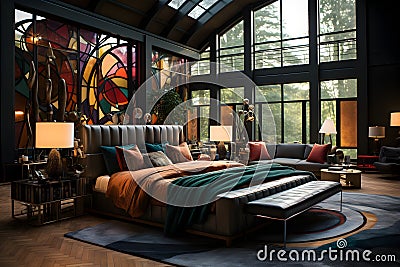 A luxurious Art Deco styled bedroom with glamorous accessories and big window Stock Photo