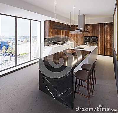 Luxurious bar counter in a modern kitchen and a large panoramic window. Kitchen of different materials, marble, wood, plastic Stock Photo