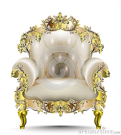 Luxurious Baroque armchair soft textile. Vector realistic 3D designs. Golden carved ornaments Vector Illustration