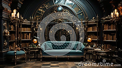 Luxurious Baroque Living Room Bookcase with Folio Interior Background Stock Photo