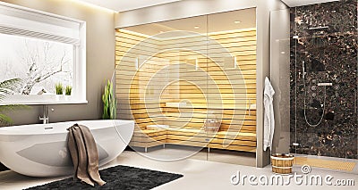 Luxurious bathroom with sauna in a modern home Stock Photo