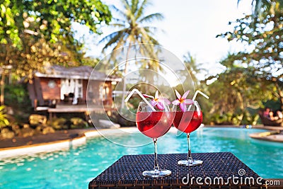 Luxurious beach hotel, luxury holidays, two cocktails Stock Photo