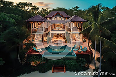 luxurious beachfront villa with private pool, swim-up bar, and hot tub sited amid lush greenery Stock Photo