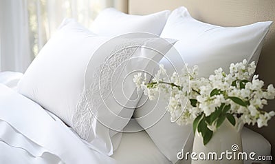 Luxurious Bedroom, Comfortable King Size Bed, premium expensive cotton bed sheets, Residential Mansion or hotel Interior Stock Photo