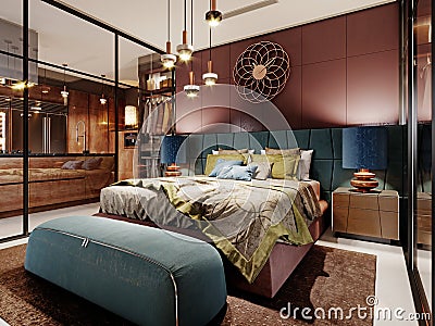Luxurious bedroom in a fashionable style behind a glass partition in burgundy and green. Fashionable bed, bedside ottoman and Stock Photo