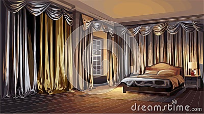Luxurious bedroom with floor-to-ceiling shimmering drapes, diffusing light and creating a calming, upscale environment. Vector Illustration