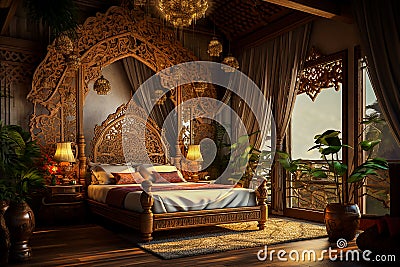 Luxurious bedroom interior in dark colors with a large carved wooden bed, indoor plants, vases and with a beautiful view Stock Photo