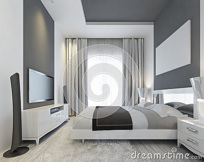 Luxurious bedroom with a large window. Stock Photo