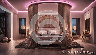A luxurious bedroom with neon lights highlighting the details of a plush four-poster Stock Photo