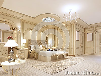 Luxurious bedroom in pastel colours in a neoclassical style. Stock Photo