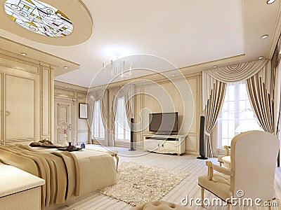 Luxurious bedroom in pastel colours in a neoclassical style. Stock Photo