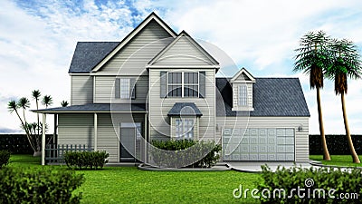 Luxurious big house with a large garden. 3D illustration Cartoon Illustration