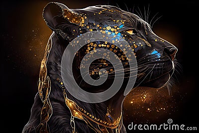 Luxurious Black And Golden Panther Portrait On Dark Background - Generative AI Stock Photo