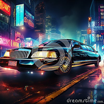 Luxurious Black Limousine in Vibrant Cityscape at Night Stock Photo