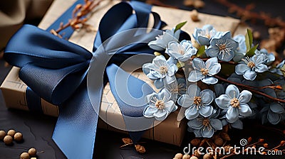 Luxurious Blue Flower Gift Box With Ribbon - Presidents' Day Sewing Paper Gift Stock Photo