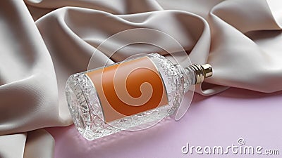 Luxurious bottle of perfume and beige silk on pink background Stock Photo