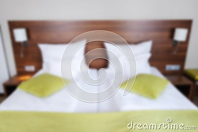 Luxurious bright bedroom with comfortable twin bed. Stock Photo